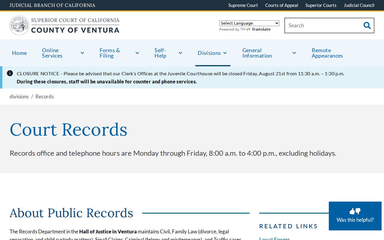Santa Paula resident lookup Ventura court records request instructions