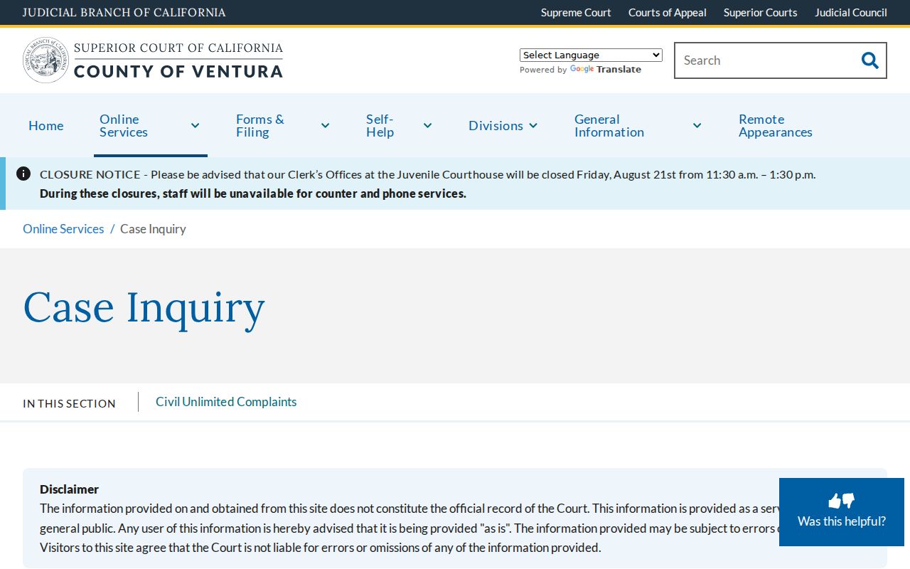 Santa Paula residents directory Ventura Superior Court case inquiry
